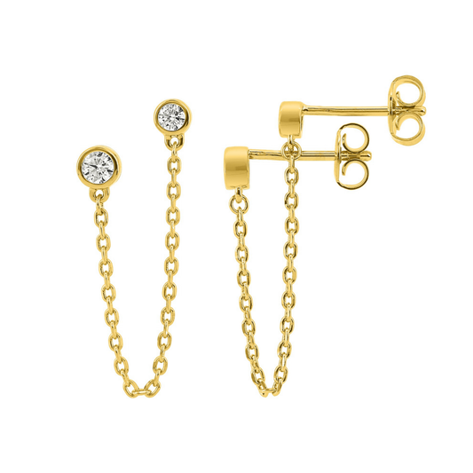 Boucles d’oreilles Twin Drift chaine pendantes en plaqué or 18k, oxydes de zirconium, tombé fluide – SOLYSSE