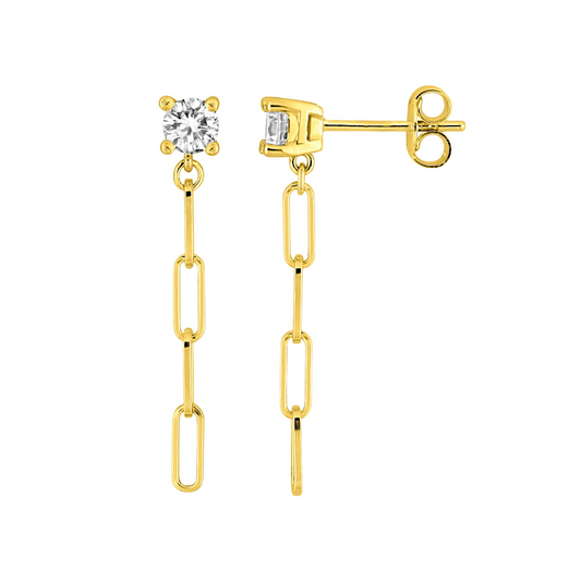 Boucles Escale pendantes plaqué or 18 k, stud en oxyde de zirconium et chaîne à maillons rectangulaires – SOLYSSE