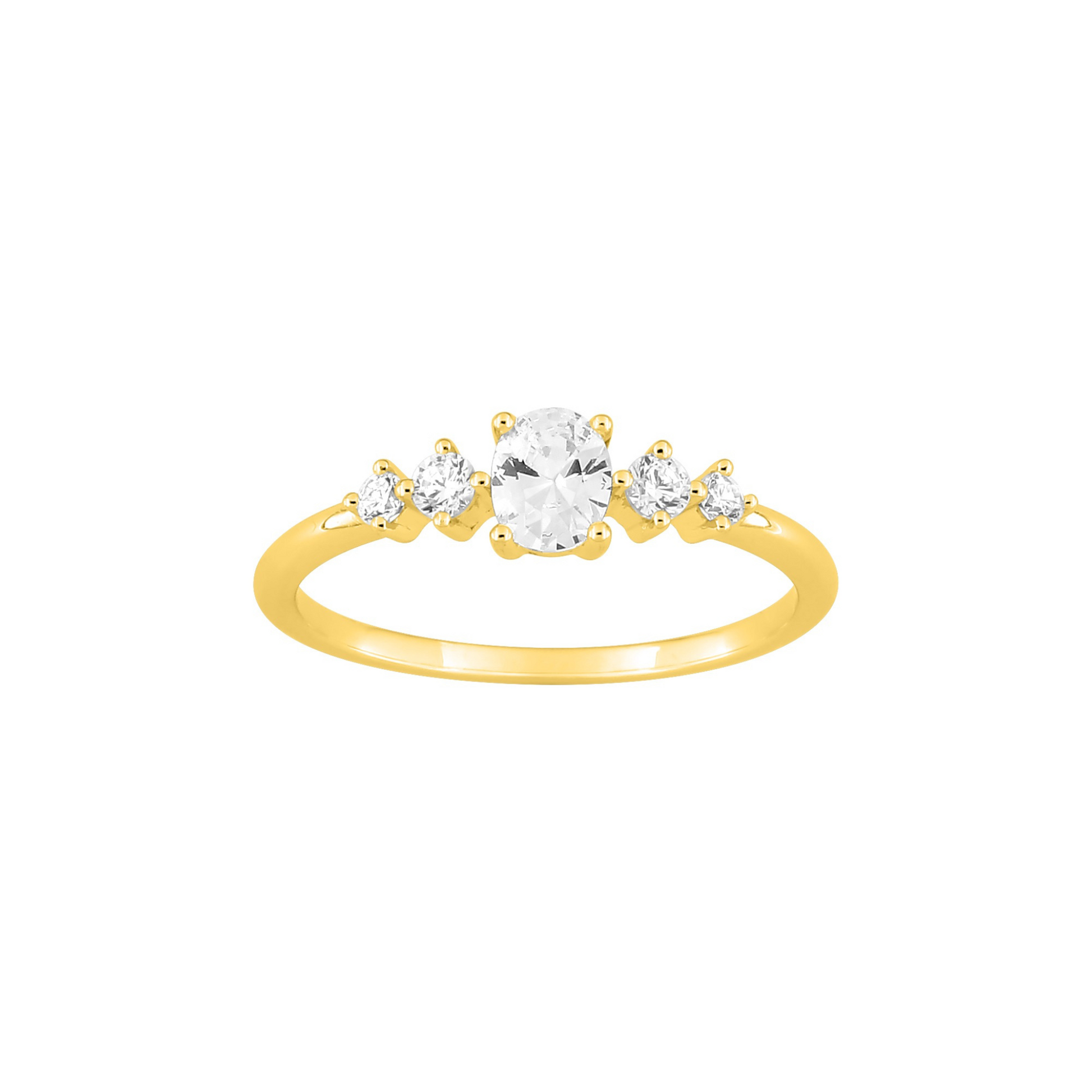 Bague Iris plaqué or 18 carats, serti de pierres blanches oxydes de zirconium. Pierre de centre ovale entourée de 4 pierres rondes