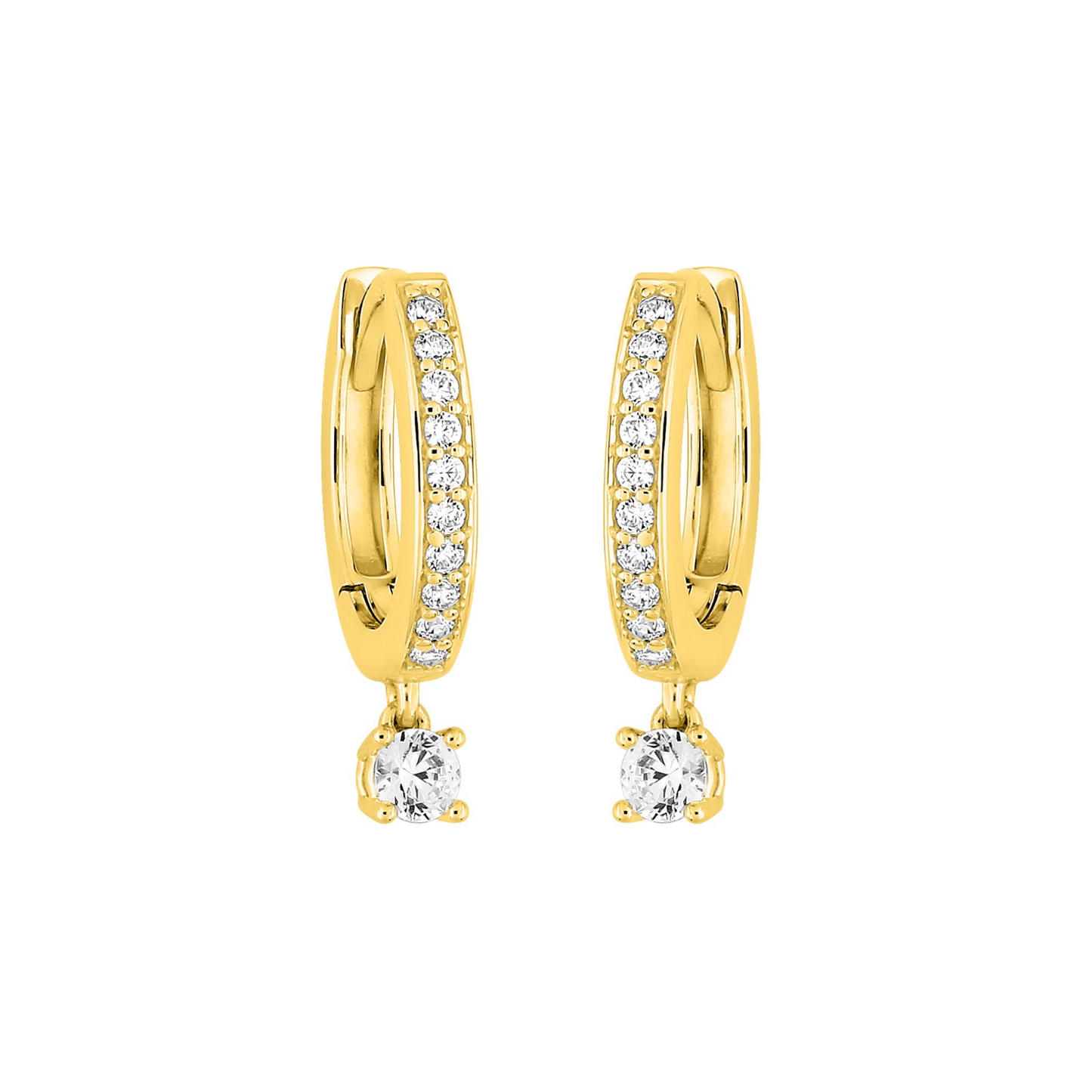 Boucles Aurore pavées rondes en plaqué or 18 k, pampille zircon couleur blanc – Bijoux SOLYSSE.