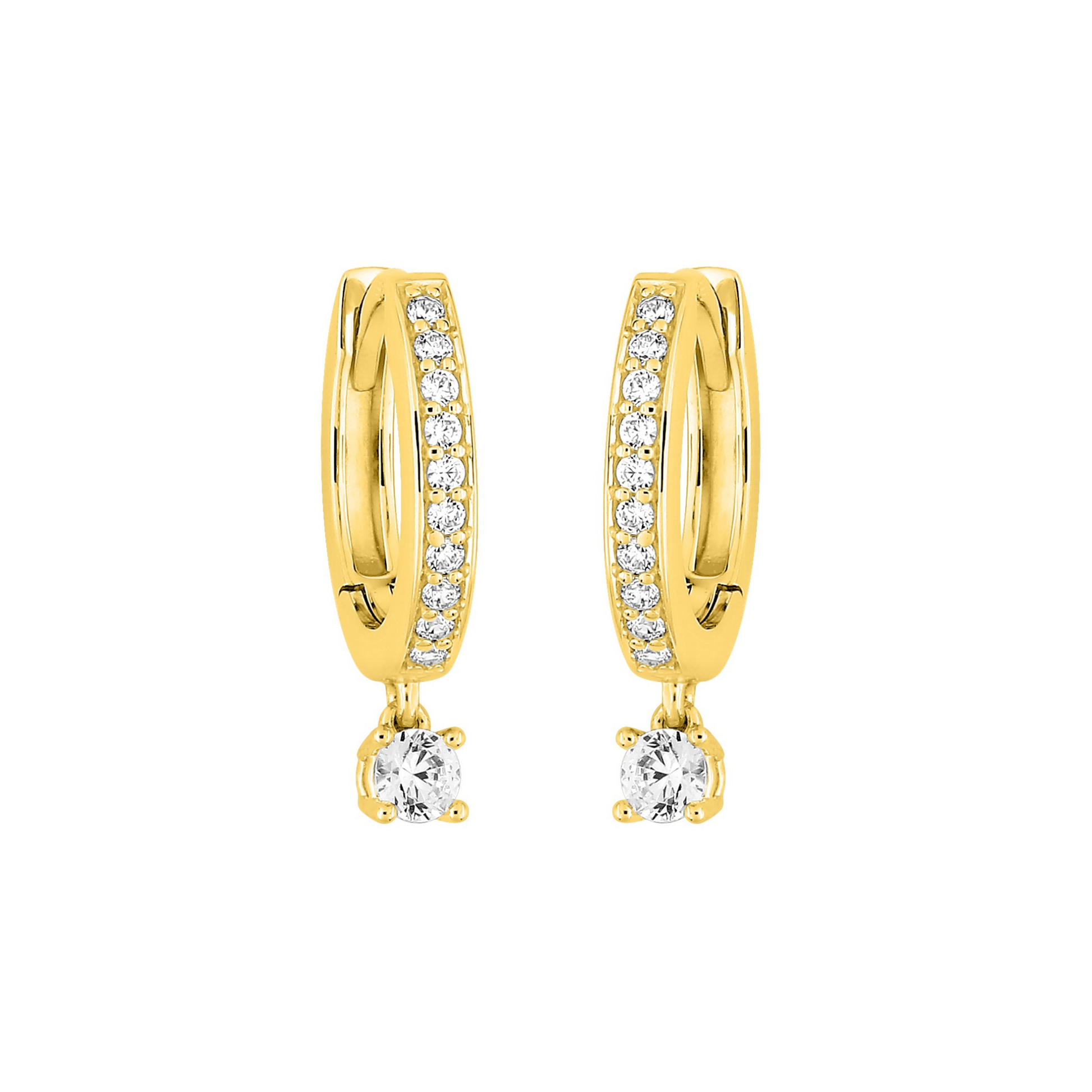 Boucles Aurore pavées rondes en plaqué or 18 k, pampille zircon couleur blanc – Bijoux SOLYSSE.