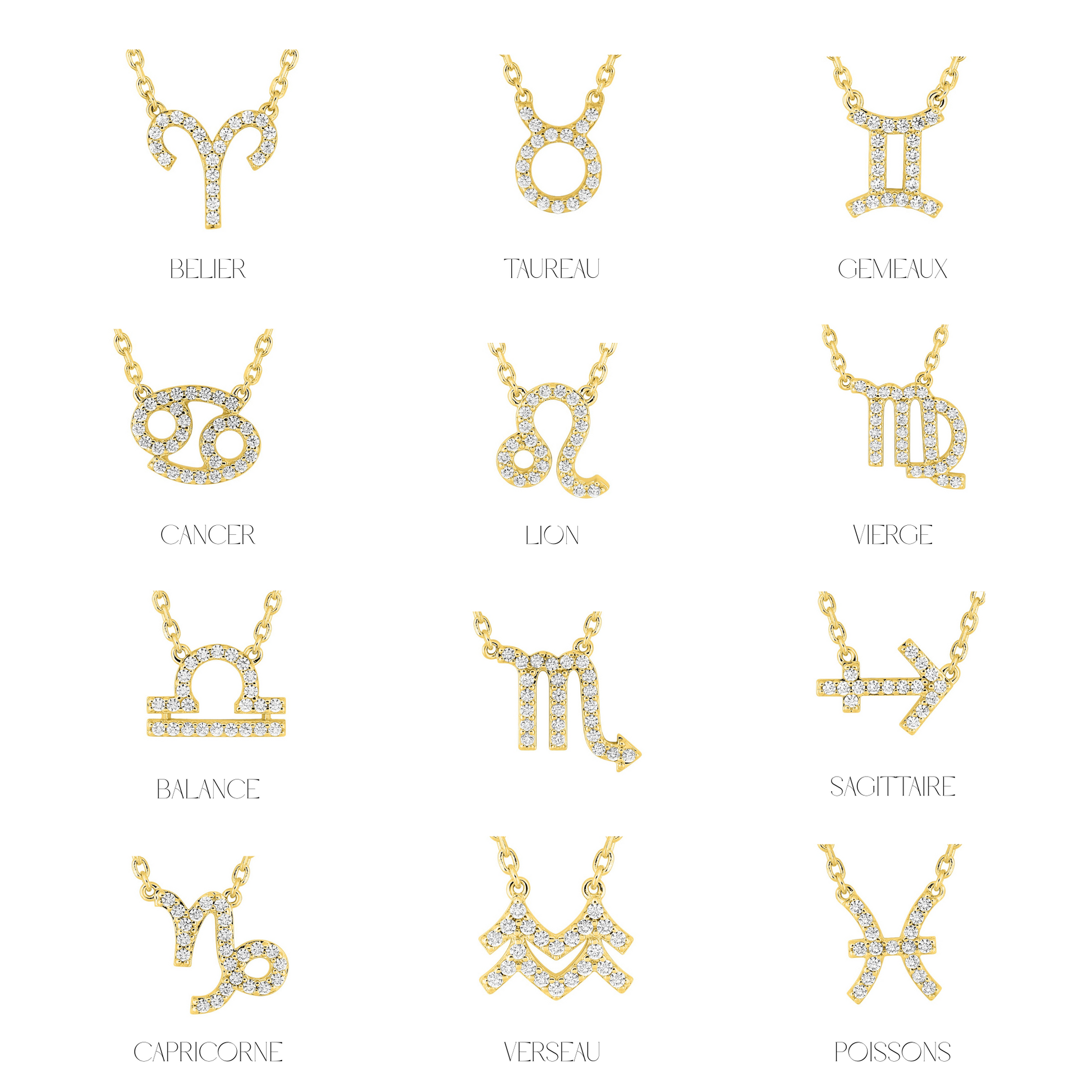 Pendentifs astro 12 signes en plaqué or 18 k, symboles zodiaque pavés d’oxydes de zirconium – SOLYSSE