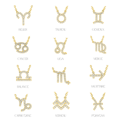 Pendentifs astro 12 signes en plaqué or 18 k, symboles zodiaque pavés d’oxydes de zirconium – SOLYSSE