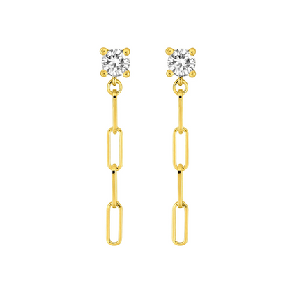 Boucles Escale pendantes plaqué or 18 k, stud en oxyde de zirconium et chaîne à maillons rectangulaires – SOLYSSE