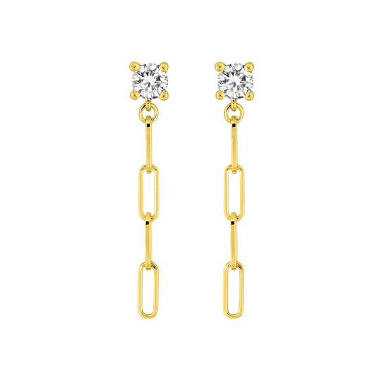 Boucles Escale pendantes plaqué or 18 k, stud en oxyde de zirconium et chaîne à maillons rectangulaires – SOLYSSE